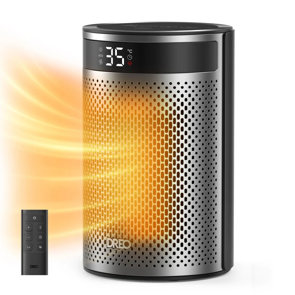 Aeroterma Dreo Atom 416, 1500W, Heater Ceramica, Termostat, Timer 12h, Display LED, Eco Mode, Silentios, Mod Eco, Telecomanda, Negru&Argintiu 1