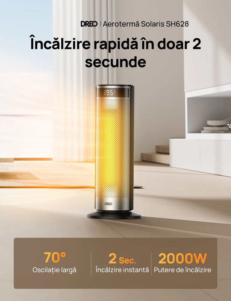 Aeroterma Dreo Solaris SH628, 2000W, Heater Ceramica, Termostat, Eco Mode, Funcție Ventilator, Oscilatie 70°, Timer 12h, Silentios, Display LED, Telecomanda, Negru&Argintiu 3