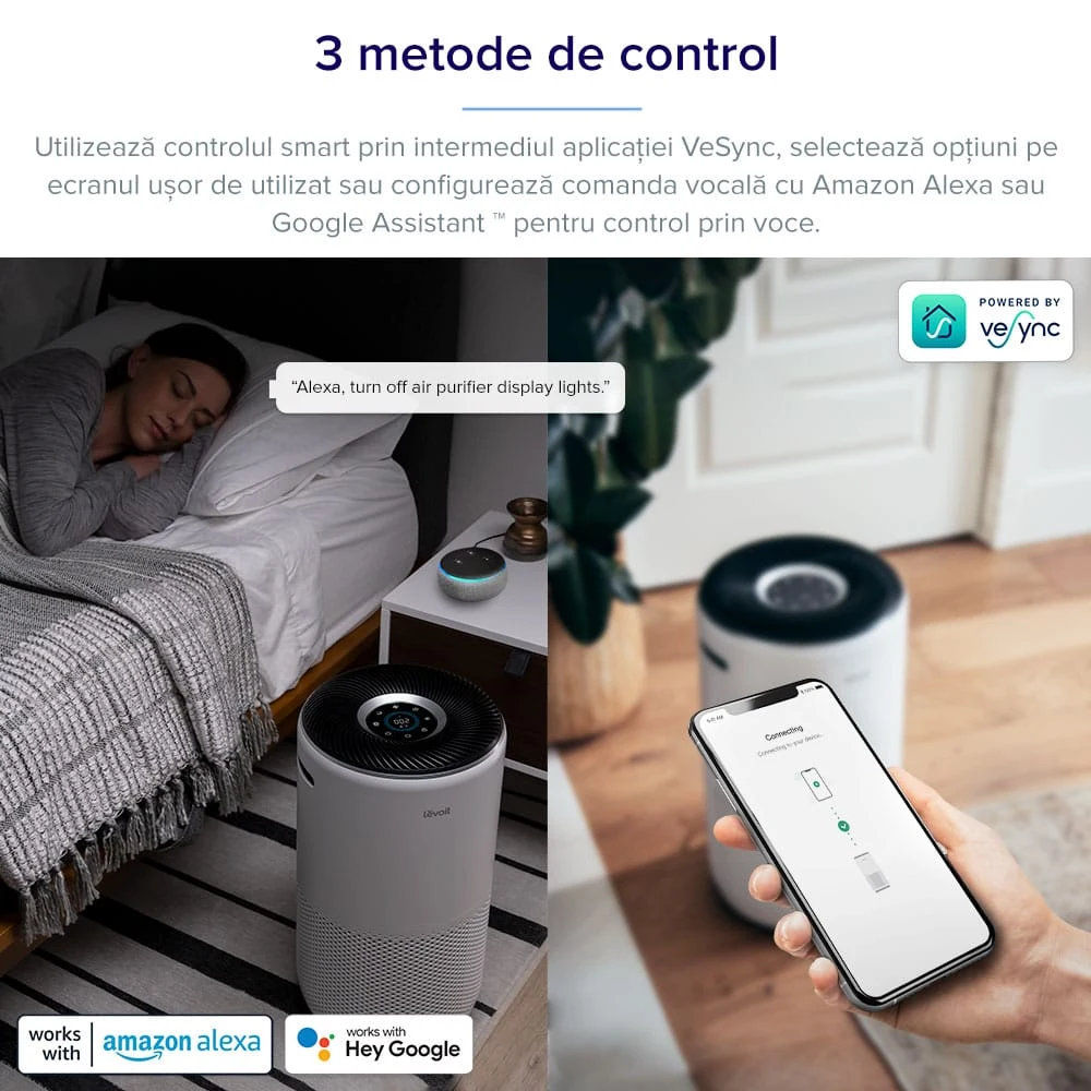 Purificator de aer Smart Levoit Core 400S Wi-Fi, Filtru 3 in 1 True HEPA, Carbon Activ, Senzor Calitate Aer, Mod Auto, Alexa, Google Home, Panou Comanda Touch Screen, Control Remote, Alb 3