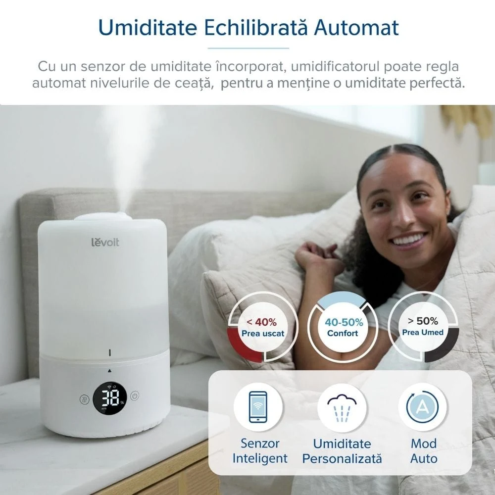 Umidificator de Aer LEVOIT Dual 200S, SMART, WI-FI Ultrasonic, Rezervor 3l, Silentios, Aromaterapie, Functie AUTO, Autonomie 25 Ore 3