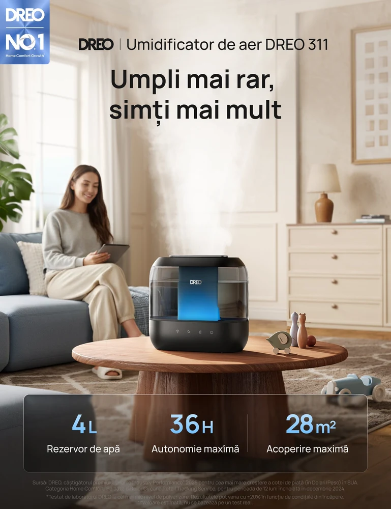 Umidificator Dreo 311S Smart, Wifi, Rezervor 4L,Capacitate de umidificare 250 ml/h, Ceata Rece, Autonomie 36 ore, Aromaterapie, Negru 3
