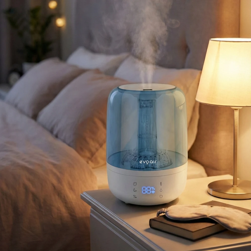 Umidificator Evoair LUNO BLUE, Smart, Wifi, Rezervor 2.5LCapacitate de umidificare 150 ml/h, Senzor umiditate, Autonomie 16 ore, Indicator umiditate și temperatură, Alb&Albastru 2