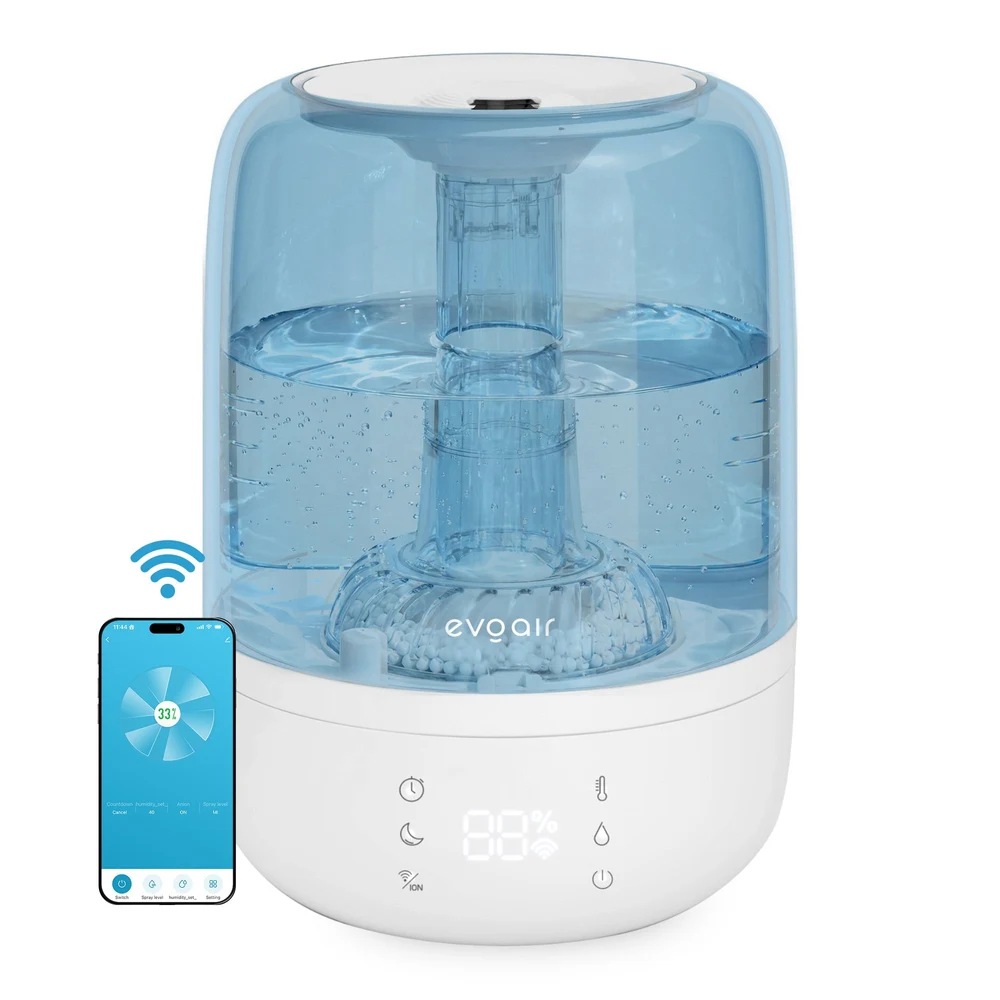 Umidificator Evoair LUNO BLUE, Smart, Wifi, Rezervor 2.5LCapacitate de umidificare 150 ml/h, Senzor umiditate, Autonomie 16 ore, Indicator umiditate și temperatură, Alb&Albastru