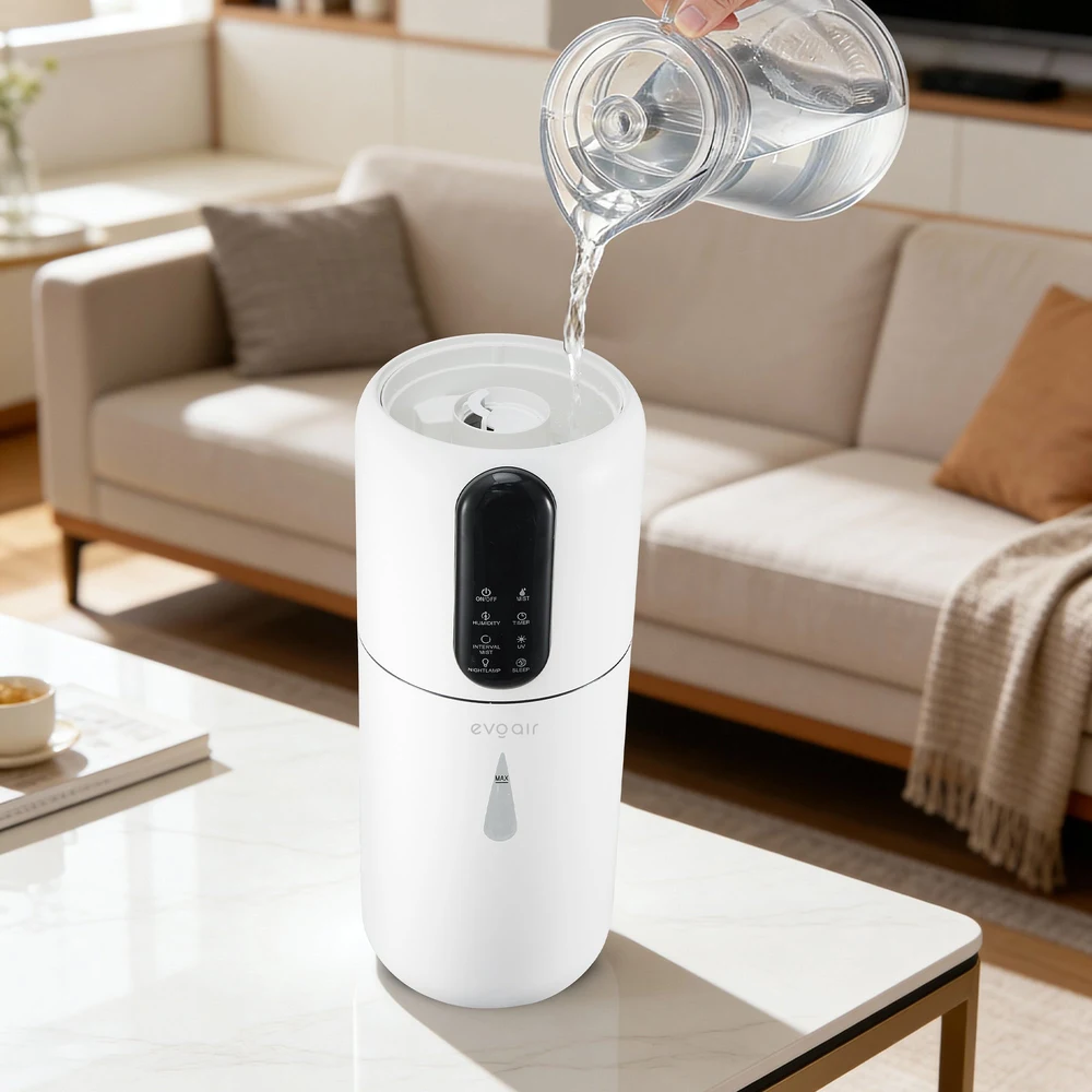 Umidificator Evoair STEAMIX3800 Smart, Wifi, Rezervor 3.8L, Capacitate de umidificare 300ml/h, Senzor umiditate, Mod Auto, Autonomie 13 ore, Lampă UVA, Aromaterapie, Indicator umiditate și temperatură, Telecomandă, Alb 3