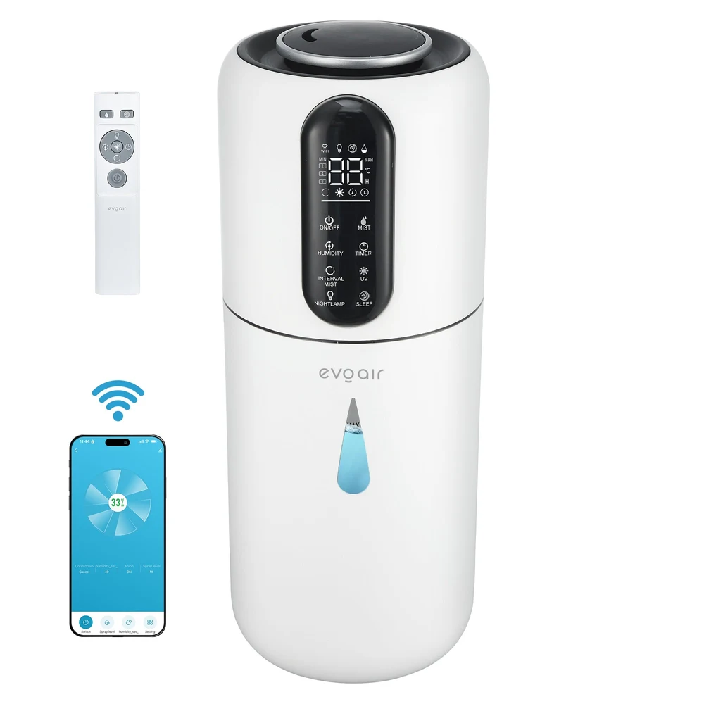 Umidificator Evoair STEAMIX3800 Smart, Wifi, Rezervor 3.8L, Capacitate de umidificare 300ml/h, Senzor umiditate, Mod Auto, Autonomie 13 ore, Lampă UVA, Aromaterapie, Indicator umiditate și temperatură, Telecomandă, Alb 1