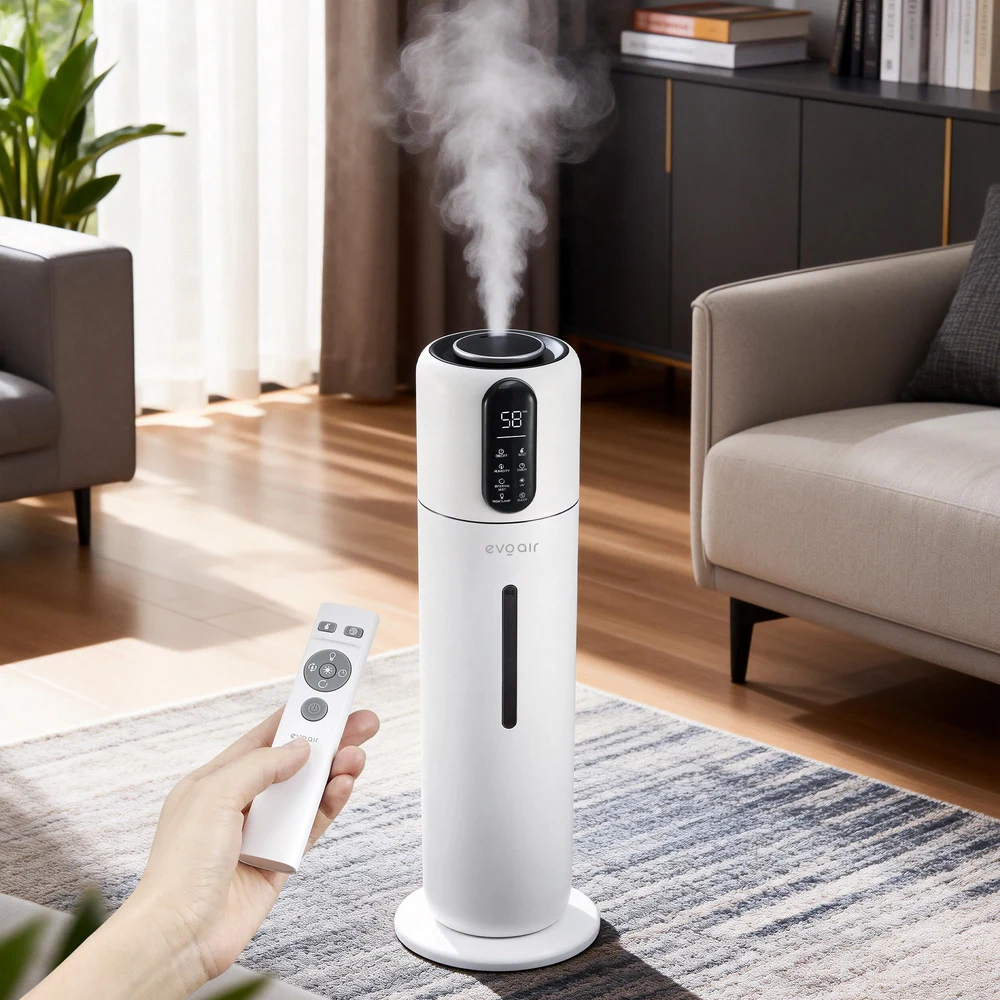 Umidificator Evoair STEAMIX8500 Smart, Wifi, Rezervor 8.5L, Capacitate de umidificare 300ml/h, Senzor umiditate, Mod Auto, Autonomie 28 ore, Lampă UVA, Aromaterapie, Indicator umiditate și temperatură, Telecomandă, Alb 2