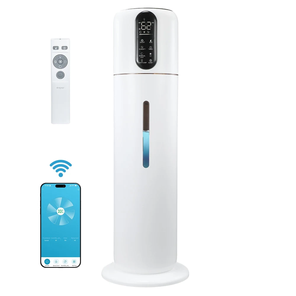 Umidificator Evoair STEAMIX8500 Smart, Wifi, Rezervor 8.5L, Capacitate de umidificare 300ml/h, Senzor umiditate, Mod Auto, Autonomie 28 ore, Lampă UVA, Aromaterapie, Indicator umiditate și temperatură, Telecomandă, Alb 1