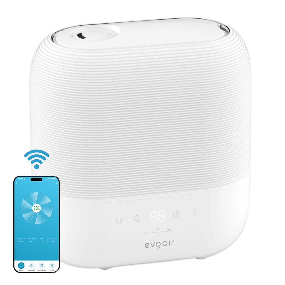 Umidificator Evoair UMIVA 4700 Smart, Wifi, Rezervor 4.8L, Capacitate de umidificare 400ml/h, Senzor umiditate, Mod Auto, Autonomie ≥9.5 ore, Aromateriapie, Indicator umiditate și temperatură, Alb 1