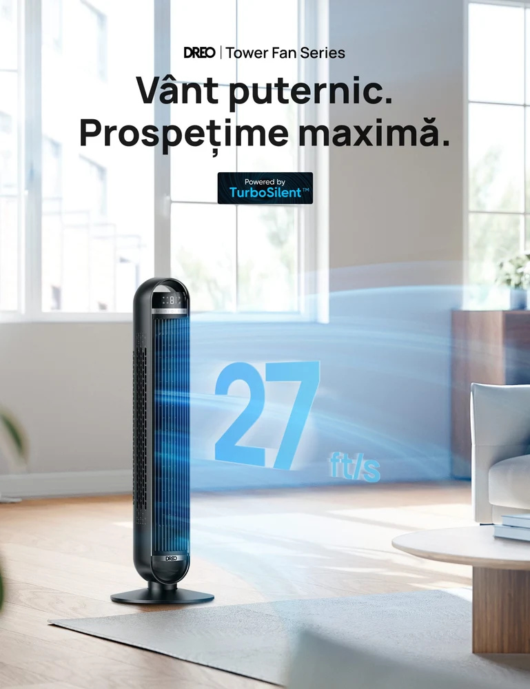 Ventilator Turn DREO Nomad DR-HTF014, 8 viteze, 4 functii, 92cm, oscilatie 90°, HyperSilent 25dB, telecomanda, negru 3