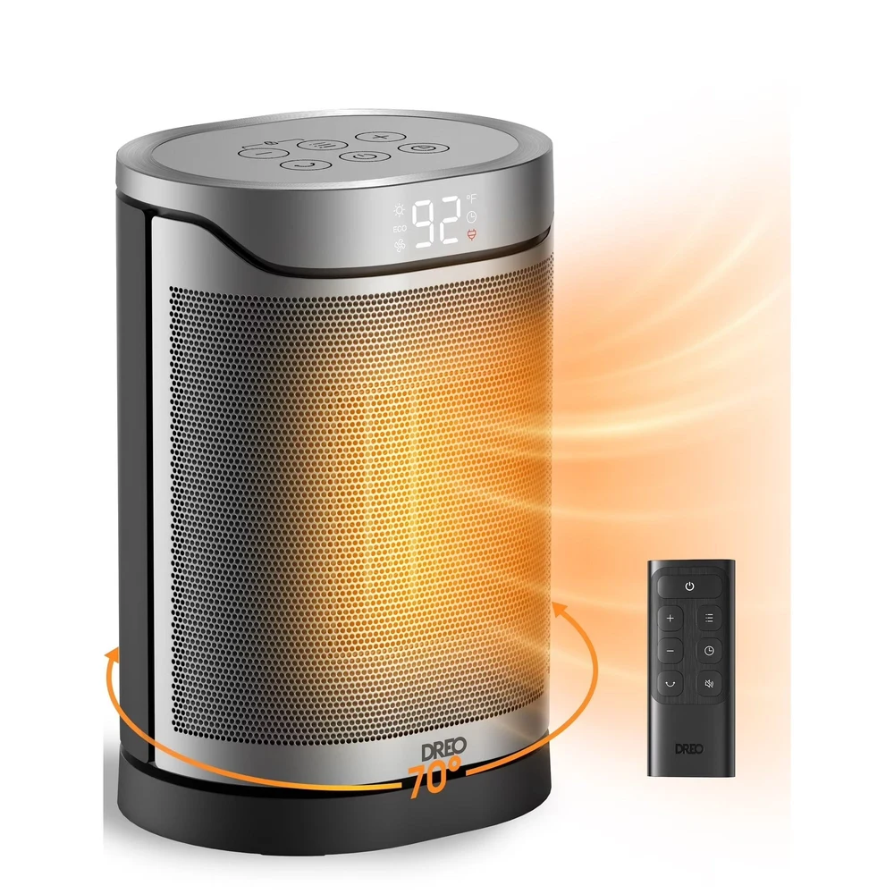 Aeroterma Dreo Atom 318, 1500W, Heater Ceramica, Termostat, Eco Mode, Funcție Ventilator, Oscilatie 70°, Timer 12h, Silentios, Display LED, Telecomanda, Negru&Argintiu